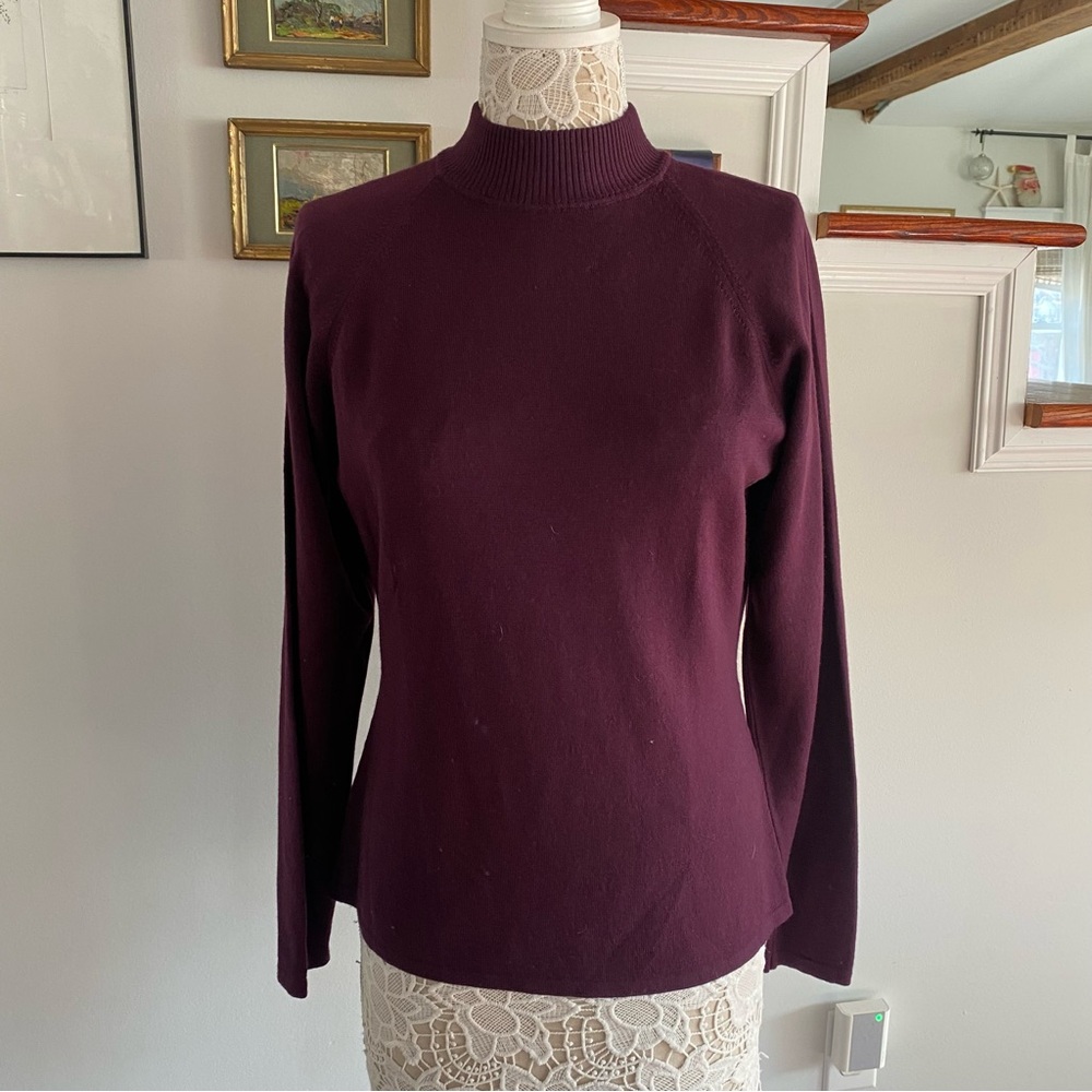 HENRI BENDEL Purple Plum Merino Wool Mock Neck Sweater Large